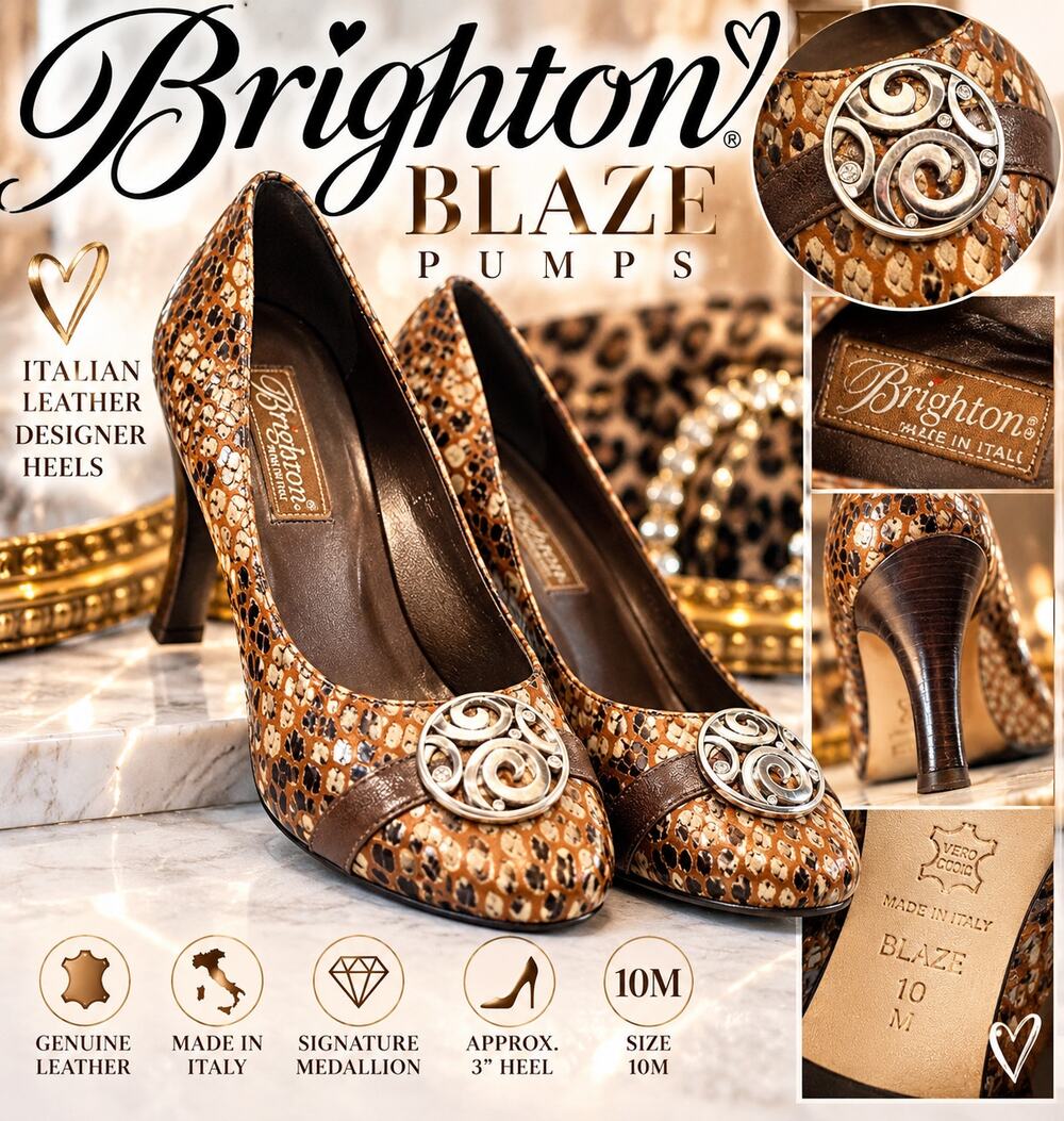 Brighton Blaze Pumps 10M Brown Snakeskin Leather Medallion Heels Italy